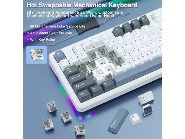 Alt view image 3 of 7 - F87 75% TKL Wireless Mechanical Keyboard, Tri-Mode 2.4G BT5.0 USB-C Hot Swappable Gaming Keyboard, Pre-lubed Greywood Switch RGB Backlit PBT Keycaps Creamy Typing Keyboard
