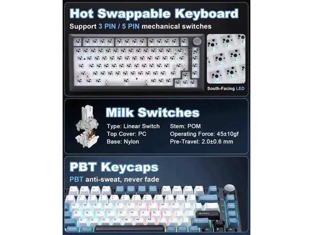 Alt view image 3 of 7 - Y75 Gasket Tri-Mode Wireless Mechanical Keyboard,75% Hot Swappable Keyboard with Control Knob,Pre-lubed Milk Linear Switch,Doubleshot PBT Keycaps RGB Gaming Keyboard Black Blue