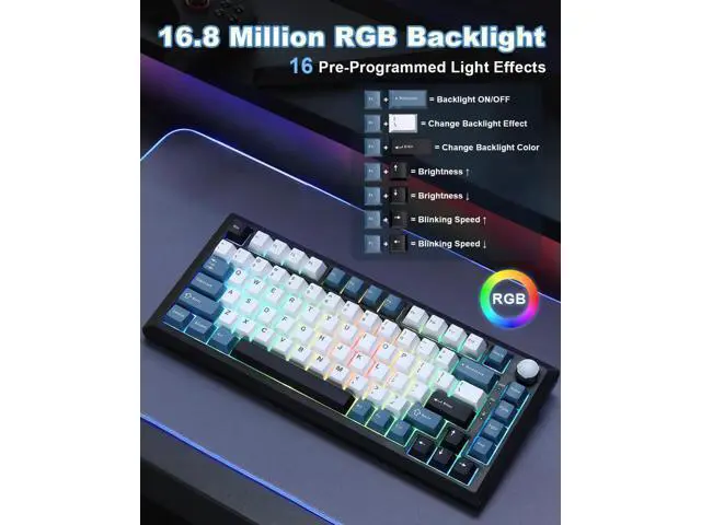 Alt view image 5 of 7 - Y75 Gasket Tri-Mode Wireless Mechanical Keyboard,75% Hot Swappable Keyboard with Control Knob,Pre-lubed Milk Linear Switch,Doubleshot PBT Keycaps RGB Gaming Keyboard Black Blue