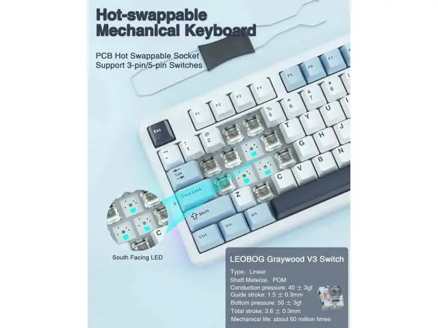 Alt view image 4 of 7 - F87 75% TKL Wireless Mechanical Keyboard, Tri-Mode 2.4G BT5.0 USB-C Hot Swappable Gaming Keyboard, Pre-lubed Greywood Switch, RGB Backlit PBT Keycaps Creamy Typing Keyboard