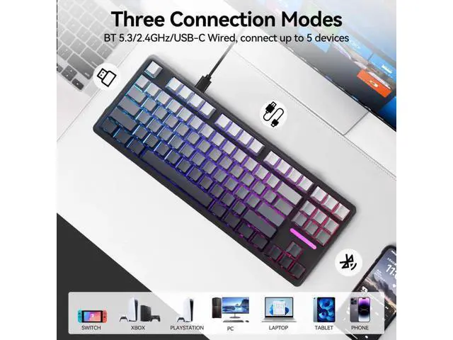 Alt view image 5 of 7 - H87 Tri-Mode Wireless Mechanical Keyboard, 10000mAh Large Battery Gasket Hot Swappable Keyboard, RGB Backlit Side Printed PBT Keycaps BT5.3/2.4G/USB-C Black Grey Gaming Keyboard