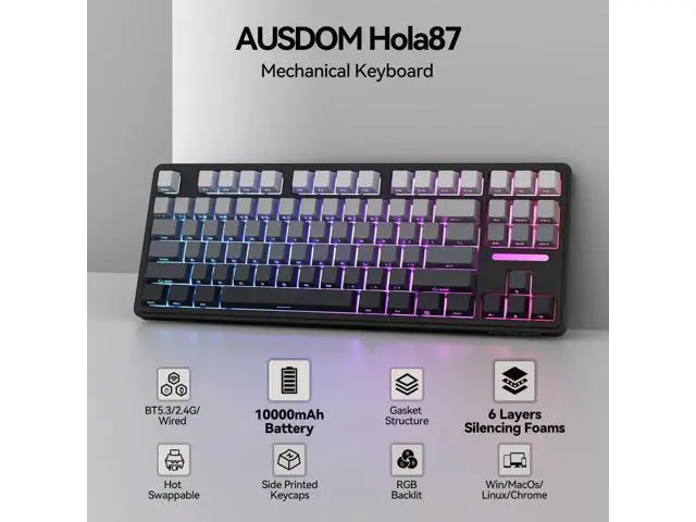 Alt view image 3 of 7 - H87 Tri-Mode Wireless Mechanical Keyboard, 10000mAh Large Battery Gasket Hot Swappable Keyboard, RGB Backlit Side Printed PBT Keycaps BT5.3/2.4G/USB-C Black Grey Gaming Keyboard