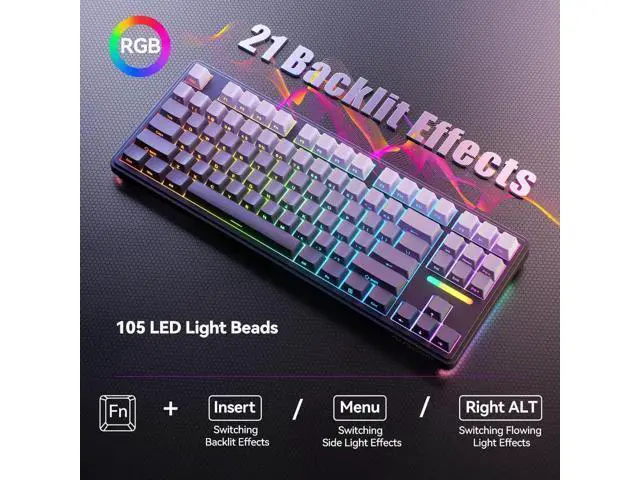 Alt view image 7 of 7 - H87 Tri-Mode Wireless Mechanical Keyboard, 10000mAh Large Battery Gasket Hot Swappable Keyboard, RGB Backlit Side Printed PBT Keycaps BT5.3/2.4G/USB-C Black Grey Gaming Keyboard