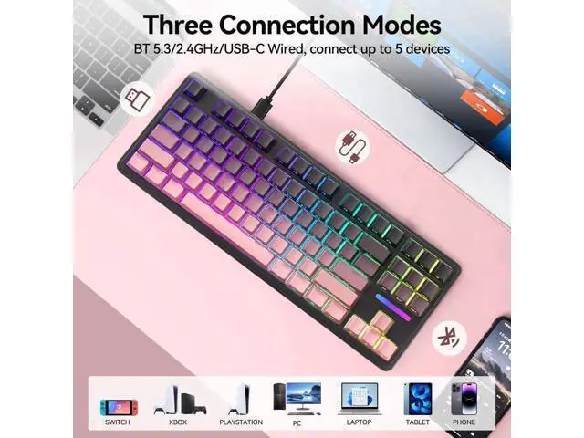 Alt view image 5 of 7 - Tri-Mode Wireless Mechanical Gaming Keyboard, 10000mAh Large Battery Hot Swappable Keyboard, RGB Backlit Side Printed PBT Keycaps, 15-Layer Gasket Structure Keyboard Black Pink