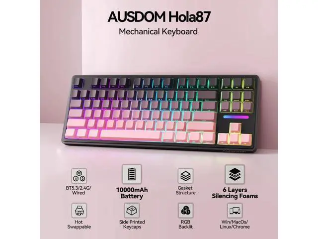 Alt view image 7 of 7 - Tri-Mode Wireless Mechanical Gaming Keyboard, 10000mAh Large Battery Hot Swappable Keyboard, RGB Backlit Side Printed PBT Keycaps, 15-Layer Gasket Structure Keyboard Black Pink