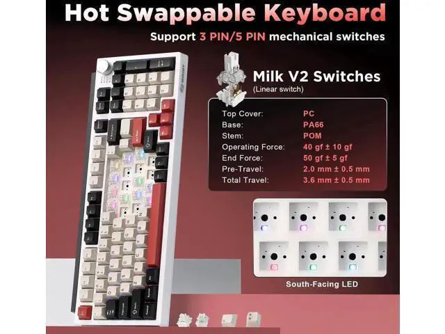 Alt view image 2 of 7 - K98 Tri-Mode Wireless Mechanical Keyboard, Gasket Mount Hot Swappable Gaming Keyboard with Milk-V2 Switch, RGB Backlit Custom Keyboard Compatible with Windows Mac, White and Red