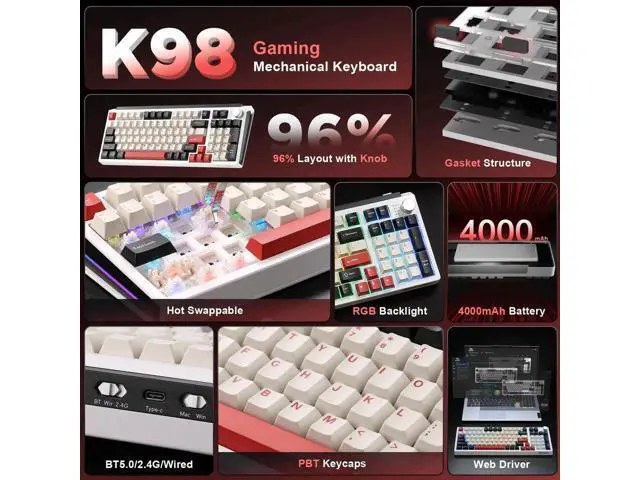 Alt view image 3 of 7 - K98 Tri-Mode Wireless Mechanical Keyboard, Gasket Mount Hot Swappable Gaming Keyboard with Milk-V2 Switch, RGB Backlit Custom Keyboard Compatible with Windows Mac, White and Red