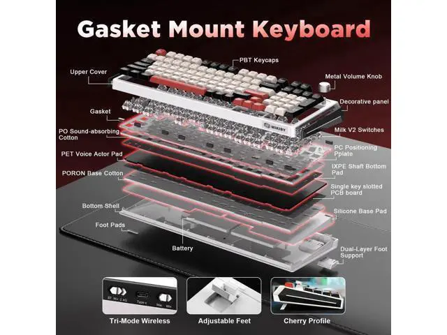 Alt view image 4 of 7 - K98 Tri-Mode Wireless Mechanical Keyboard, Gasket Mount Hot Swappable Gaming Keyboard with Milk-V2 Switch, RGB Backlit Custom Keyboard Compatible with Windows Mac, White and Red