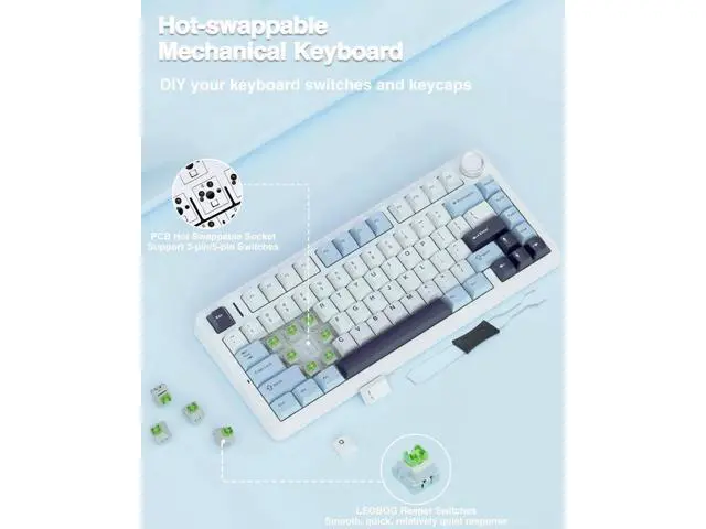 Alt view image 3 of 7 - F75 75% Tri-Mode Wireless Mechanical Keyboard, Hot Swappable Gaming Keyboard with Pre-lubed Reaper Switch, RGB Backlit Creamy Typing Keyboard 2.4G BT5.0 Type-C White Blue