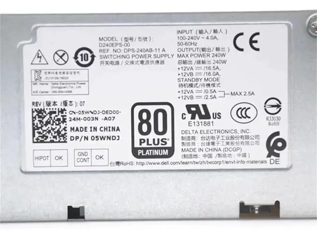 Alt view image 2 of 6 - 240W Power Supply for Dell Optiplex 3050 5050 7050 7070 3667 3668 SFF, Replacement for D240EPS-00 05WNDJ CN-05WNDJ 1Pack