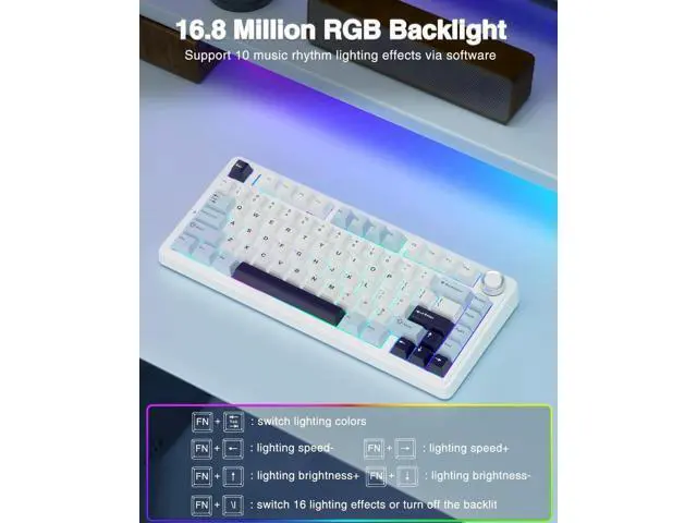 Alt view image 6 of 7 - F75 75% Tri-Mode Wireless Mechanical Keyboard, Hot Swappable Gaming Keyboard with Pre-lubed Reaper Switch, RGB Backlit Creamy Typing Keyboard 2.4G BT5.0 Type-C White Blue