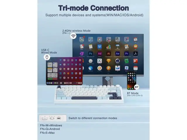 Alt view image 7 of 7 - F75 75% Tri-Mode Wireless Mechanical Keyboard, Hot Swappable Gaming Keyboard with Pre-lubed Reaper Switch, RGB Backlit Creamy Typing Keyboard 2.4G BT5.0 Type-C White Blue