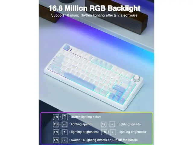 Alt view image 5 of 7 - F75 75% Wireless Mechanical Keyboard, Tri-Mode 2.4G BT5.0 Type-C Hot Swappable Gaming Keyboard, Pre-lubed Greywood Switch RGB Backlit Creamy Typing Keyboard Salt White Blue