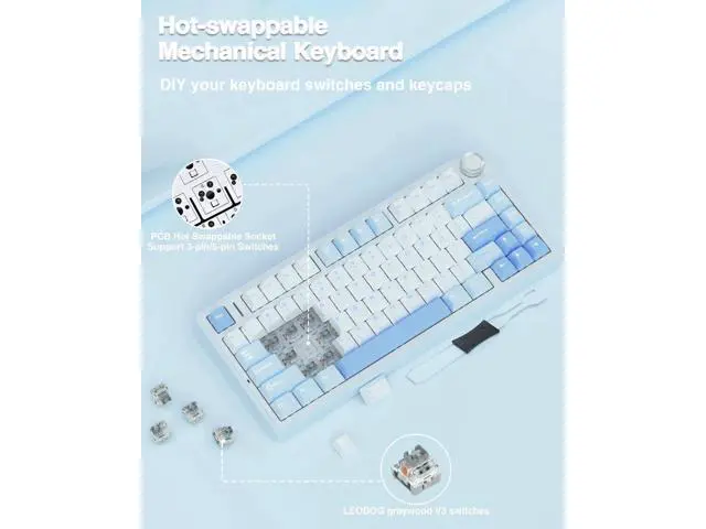Alt view image 4 of 7 - F75 75% Wireless Mechanical Keyboard, Tri-Mode 2.4G BT5.0 Type-C Hot Swappable Gaming Keyboard, Pre-lubed Greywood Switch RGB Backlit Creamy Typing Keyboard Salt White Blue