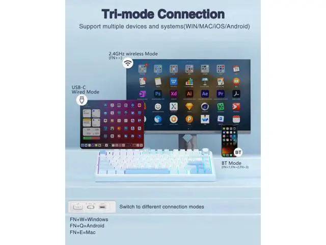 Alt view image 6 of 7 - F75 75% Wireless Mechanical Keyboard, Tri-Mode 2.4G BT5.0 Type-C Hot Swappable Gaming Keyboard, Pre-lubed Greywood Switch RGB Backlit Creamy Typing Keyboard Salt White Blue