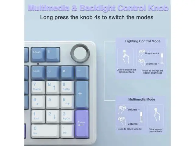 Alt view image 2 of 7 - F99 Pro Wireless Mechanical Keyboard with Control Knob, Gasket Structure Hot Swappable Gaming Keyboard, Tri-Mode BT5.0 2.4G USB-C Creamy Sound RGB Backlit Keyboard
