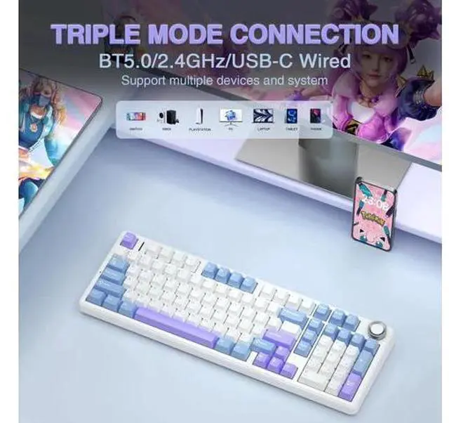 Alt view image 7 of 7 - F99 Pro Wireless Mechanical Keyboard with Control Knob, Gasket Structure Hot Swappable Gaming Keyboard, Tri-Mode BT5.0 2.4G USB-C Creamy Sound RGB Backlit Keyboard