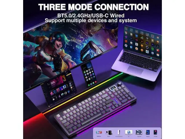 Alt view image 2 of 7 - S98 Pro Tri-Mode Wireless Mechanical Keyboard with Smart Screen & Control Knob, Hot Swappable Gaming Keyboard with Pre-lubed Linear Switch, Side Printed PBT Keycaps, RGB Backlit Creamy Sound Keyboard