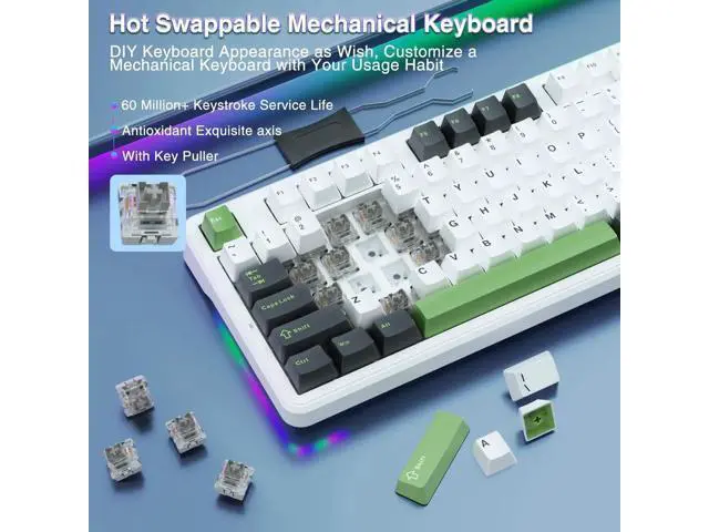 Alt view image 7 of 7 - F87 75% TKL Wireless Mechanical Keyboard, Tri-Mode 2.4G BT5.0 USB-C Hot Swappable Gaming Keyboard, Pre-lubed Greywood Switch PBT Keycaps RGB Backlit Creamy Typing Keyboard