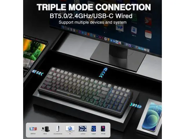 Alt view image 4 of 7 - F99 Pro Wireless Mechanical Keyboard, Tri-Mode 2.4G BT5.0 USB-C Gasket Structure Hot Swappable Gaming Keyboard, Side Printed PBT Keycaps RGB Backlit Creamy Sound Keyboard