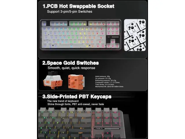 Alt view image 6 of 7 - F87 Pro 75% TKL Wireless Mechanical Keyboard, Tri-Mode BT5.0 2.4G USB-C Hot Swappable Gaming Keyboard, Pre-lubed Switch Side Printed PBT Keycaps RGB Backlit Custom Keyboard