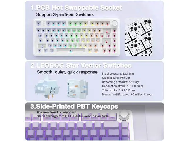 Alt view image 3 of 7 - F75 Pro Wireless Mechanical Keyboard, 75% Hot Swappable Gaming Keyboard, RGB Backlit Pre-lubed Linear Switch, Side Printed PBT Keycaps Gradient Purple Custom Keyboard