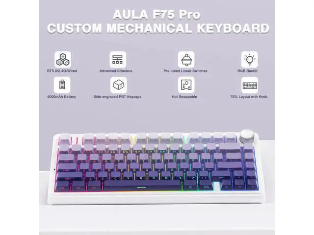 Alt view image 6 of 7 - F75 Pro Wireless Mechanical Keyboard, 75% Hot Swappable Gaming Keyboard, RGB Backlit Pre-lubed Linear Switch, Side Printed PBT Keycaps Gradient Purple Custom Keyboard