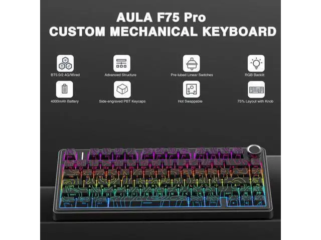 Alt view image 2 of 7 - F75 Pro Wireless Mechanical Keyboard with Control Knob, 75% Layout Hot Swappable Gaming Keyboard, RGB Backlit Pre-lubed Switch Side Printed PBT Keycaps Creamy Sound Keyboard Line Black