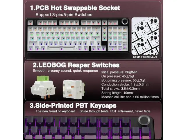 Alt view image 5 of 7 - F99 Pro Wireless Mechanical Keyboard with Control Knob, Tri-Mode BT5.0 2.4G USB-C Hot Swappable Gaming Keyboard, Gasket Structure Creamy Sound RGB Backlit Keyboard