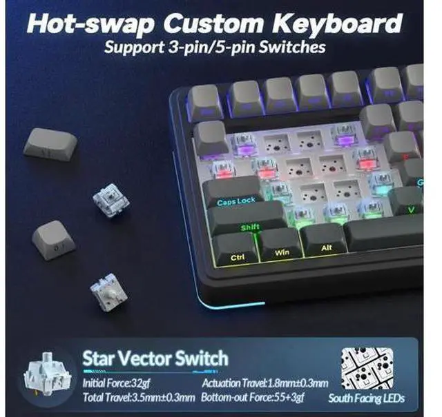 Alt view image 2 of 7 - S75 PRO 75% Tri-Mode Wireless Mechanical Keyboard with Screen & Knob, Hot Swappable Gaming Keyboard, Pre-lubed Switches, RGB Backlit, Side Printed PBT Keycaps, Creamy Sound Computer Keyboard
