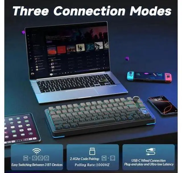 Alt view image 4 of 7 - S75 PRO 75% Tri-Mode Wireless Mechanical Keyboard with Screen & Knob, Hot Swappable Gaming Keyboard, Pre-lubed Switches, RGB Backlit, Side Printed PBT Keycaps, Creamy Sound Computer Keyboard