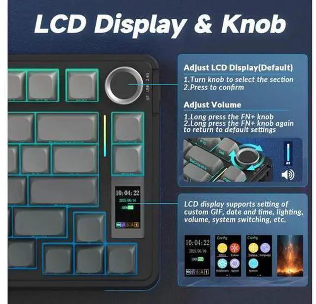 Alt view image 5 of 7 - S75 PRO 75% Tri-Mode Wireless Mechanical Keyboard with Screen & Knob, Hot Swappable Gaming Keyboard, Pre-lubed Switches, RGB Backlit, Side Printed PBT Keycaps, Creamy Sound Computer Keyboard
