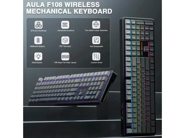 Alt view image 2 of 7 - F108 Wireless Mechanical Keyboard, 108 Keys Full Size Gaming Keyboard with Number Pad, Side Printed PBT Keycaps, Pre-lubed Switch, RGB Backlit Hot Swappable Creamy Sound Keyboard