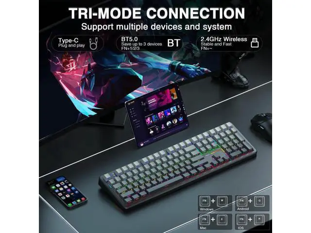 Alt view image 4 of 7 - F108 Wireless Mechanical Keyboard, 108 Keys Full Size Gaming Keyboard with Number Pad, Side Printed PBT Keycaps, Pre-lubed Switch, RGB Backlit Hot Swappable Creamy Sound Keyboard