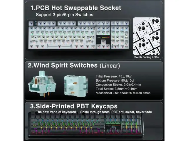 Alt view image 5 of 7 - F108 Wireless Mechanical Keyboard, 108 Keys Full Size Gaming Keyboard with Number Pad, Side Printed PBT Keycaps, Pre-lubed Switch, RGB Backlit Hot Swappable Creamy Sound Keyboard