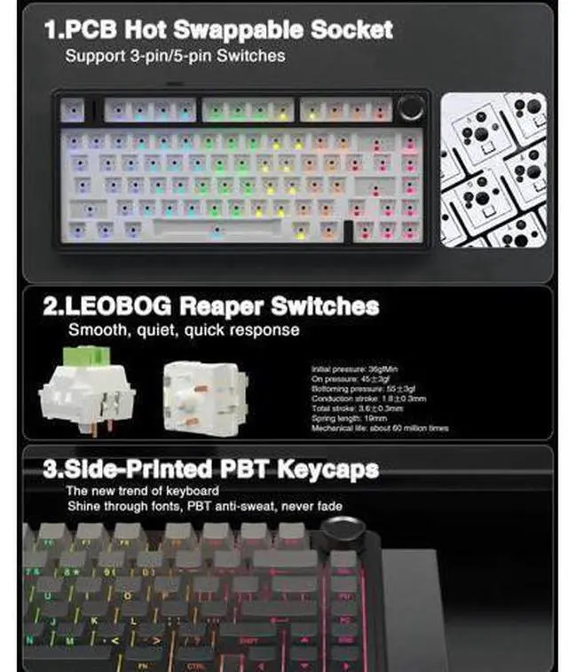 Alt view image 2 of 7 - Wireless Keyboard and Mouse Combo, F75 75% Gasket Hot Swappable Mechanical Keyboard + SC580 Wireless Gaming Mouse, Full Custom Desktop Set White