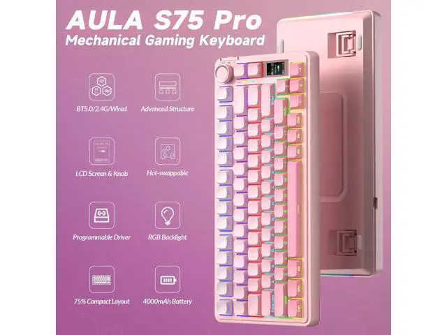 Alt view image 2 of 7 - 75% S75 PRO Wireless Mechanical Keyboard with Screen & Knob, Tri-Mode Hot Swappable Gaming Keyboard, Pre-lubed Switch, RGB Backlit Side Printed PBT Keycaps Creamy Sound Pink Keyboard