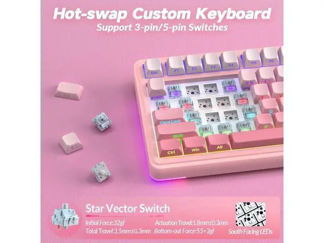 Alt view image 3 of 7 - 75% S75 PRO Wireless Mechanical Keyboard with Screen & Knob, Tri-Mode Hot Swappable Gaming Keyboard, Pre-lubed Switch, RGB Backlit Side Printed PBT Keycaps Creamy Sound Pink Keyboard
