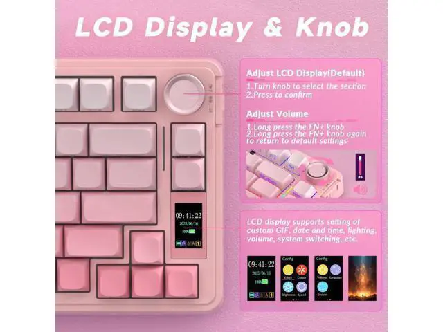 Alt view image 6 of 7 - 75% S75 PRO Wireless Mechanical Keyboard with Screen & Knob, Tri-Mode Hot Swappable Gaming Keyboard, Pre-lubed Switch, RGB Backlit Side Printed PBT Keycaps Creamy Sound Pink Keyboard