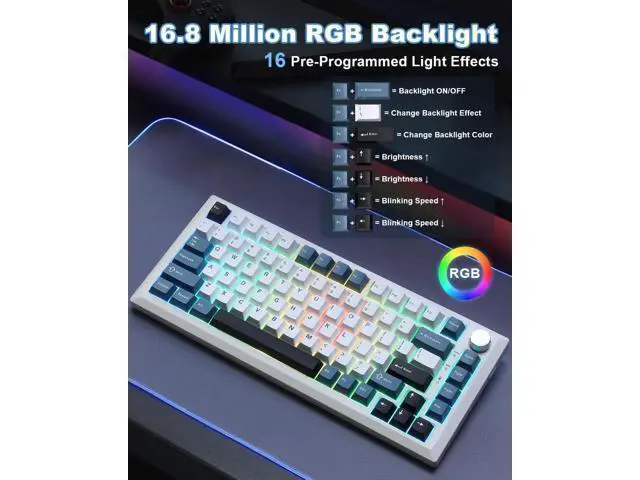 Alt view image 2 of 7 - Y75 Gasket Tri-Mode Wireless Mechanical Keyboard,75% Hot Swappable Keyboard With Control Knob,Pre-lubed Milk Linear Switch,Doubleshot PBT Keycaps RGB Keyboard White Blue