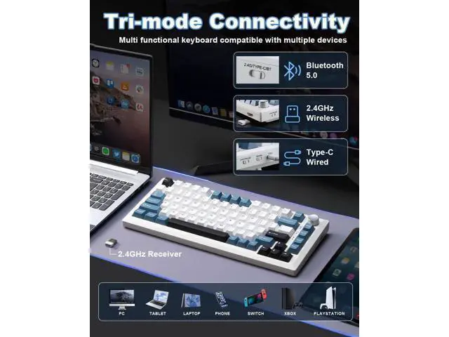 Alt view image 4 of 7 - Y75 Gasket Tri-Mode Wireless Mechanical Keyboard,75% Hot Swappable Keyboard With Control Knob,Pre-lubed Milk Linear Switch,Doubleshot PBT Keycaps RGB Keyboard White Blue