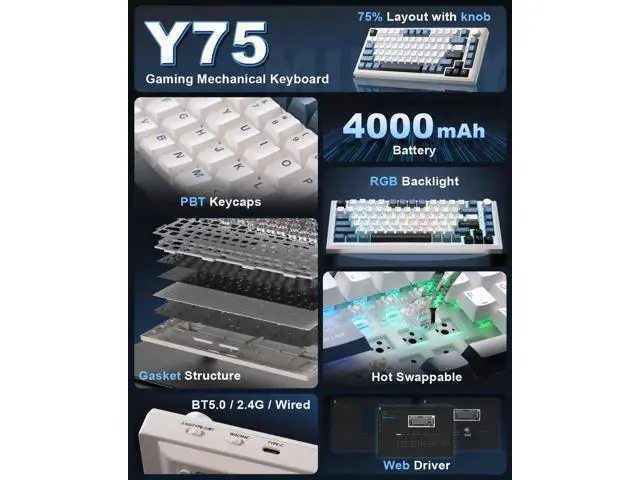Alt view image 7 of 7 - Y75 Gasket Tri-Mode Wireless Mechanical Keyboard,75% Hot Swappable Keyboard With Control Knob,Pre-lubed Milk Linear Switch,Doubleshot PBT Keycaps RGB Keyboard White Blue