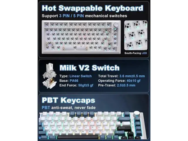 Alt view image 6 of 7 - Y75 Gasket Tri-Mode Wireless Mechanical Keyboard,75% Hot Swappable Keyboard With Control Knob,Pre-lubed Milk Linear Switch,Doubleshot PBT Keycaps RGB Keyboard White Blue