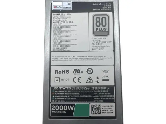 Alt view image 2 of 3 - 2000W Server Power Supply for Dell R530 R630 R730 R830 R840 R940, Replacement for XYK93 960VR DPS-2000EB-2 A D2000E-S2