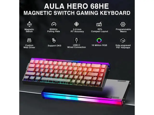 Alt view image 6 of 7 - Hero 68 HE 60% Wired Gaming Keyboard, Hall Effect Magnetic Switch Keyboard, 8K Hz Polling Rate, Side Printed PBT Keycaps, RGB Light Box Custom Software Keyboard for PC Mac