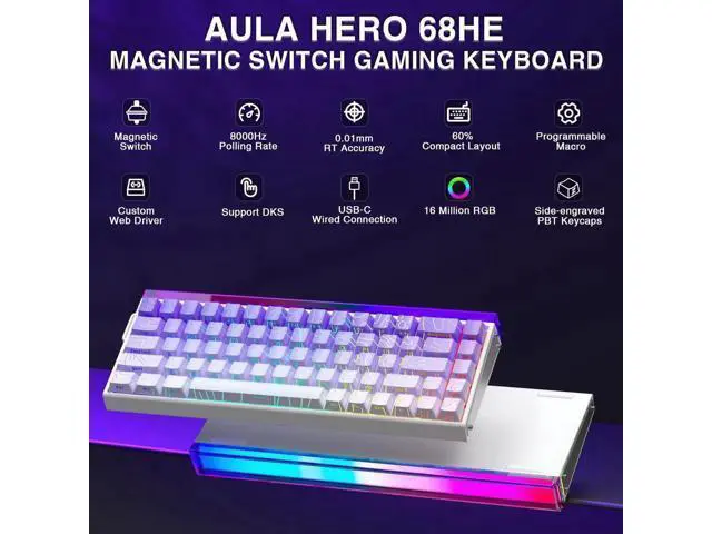 Alt view image 4 of 7 - Hero 68 HE 60% Wired Hall Effect Gaming Keyboard, Magnetic Switch Keyboard Adjustable Actuation Fast Trigger 8KHz Polling Rate Low Latency Side Printed PBT Keycaps RGB Backlit Keyboard