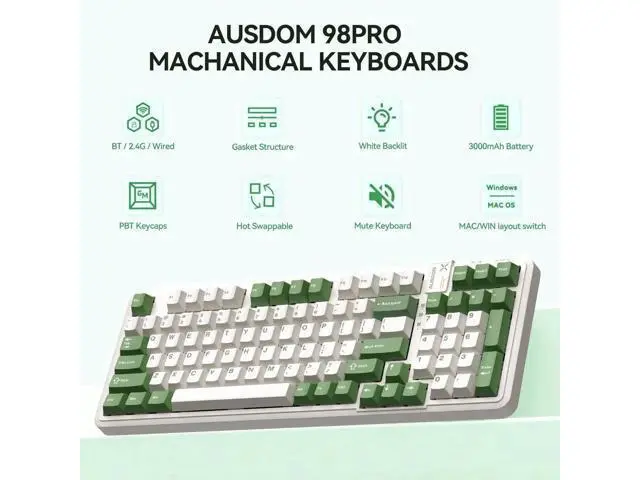 Alt view image 3 of 7 - 98Pro Tri-Mode Silent Wireless Mechanical Keyboard Gasket Structure Hot Swappable Pre-lubed Tactile Switch RGB Backlit Gaming Keyboard Green White