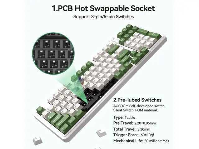 Alt view image 2 of 7 - 98Pro Tri-Mode Silent Wireless Mechanical Keyboard Gasket Structure Hot Swappable Pre-lubed Tactile Switch RGB Backlit Gaming Keyboard Green White