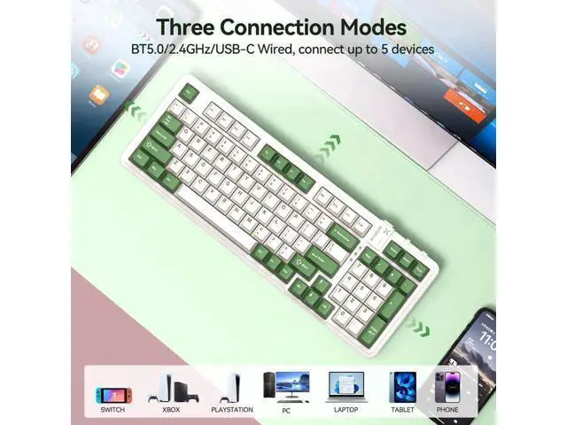Alt view image 7 of 7 - 98Pro Tri-Mode Silent Wireless Mechanical Keyboard Gasket Structure Hot Swappable Pre-lubed Tactile Switch RGB Backlit Gaming Keyboard Green White