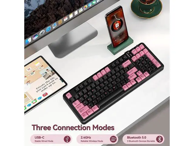 Alt view image 2 of 7 - 98Pro Tri-Mode Wireless Mechanical Keyboard,97 Keys Gasket Hot Swappable Gaming Keyboard Linear Switch RGB Backlit Compatible With Win Mac Black Pink